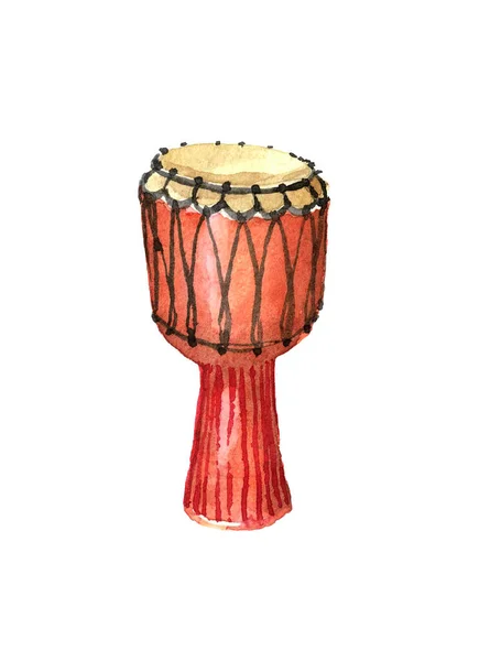 rhythmic music instrument, african & arabic drum, red djembe with traditional ornament, color illustration isolated on white background in watercolor technique, hand drawn style