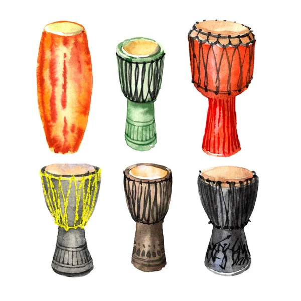 Een Set Van Percussie Muziekinstrumenten Afrikaanse Drums Djembe Conga Met — Stockfoto