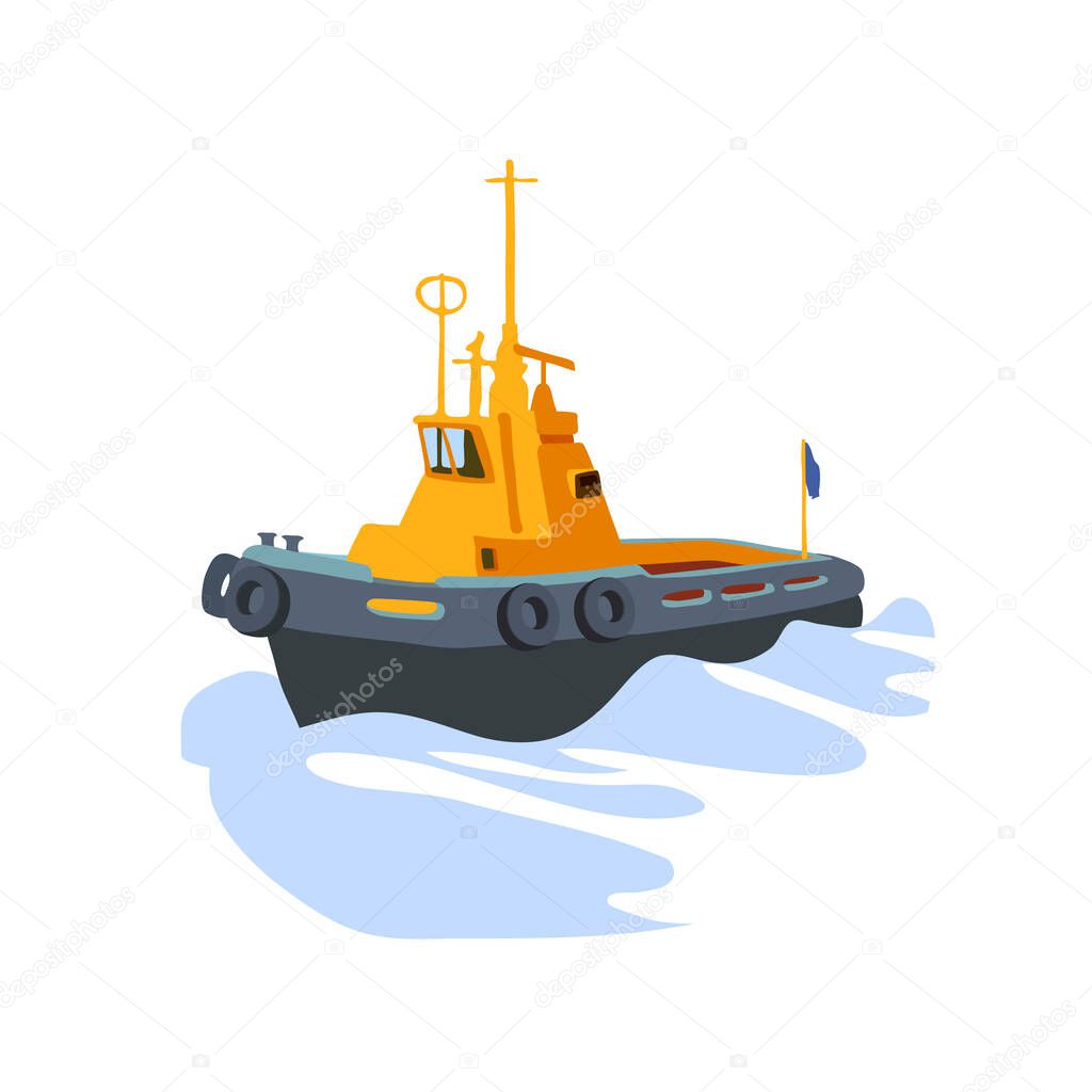 port marine yellow tugboat, with black dampers and a wake of waves, color vector illustration isolated on a white background in a flat design & cartoon style