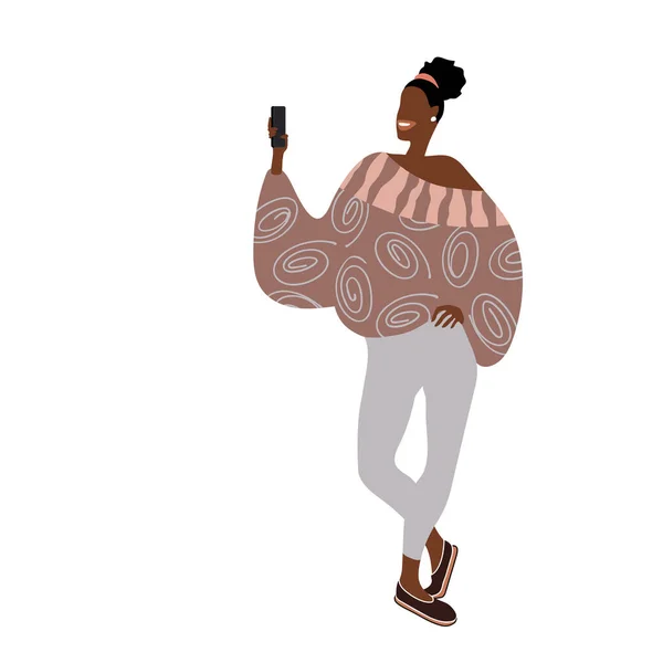 Moda kıyafetleri içinde sevimli siyah Afro-Amerikalı kız sosyal ağ için selfie çekiyor. Düz & çizgi film tarzında beyaz bir arkaplanda izole edilmiş renk vektörü çizimi.