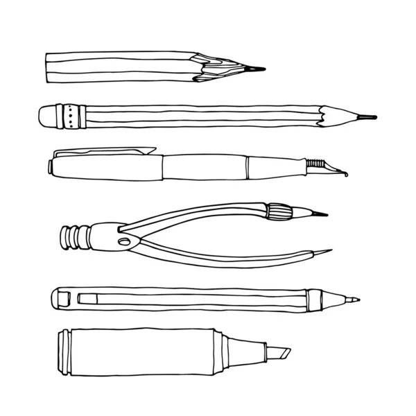 Set Cancelleria Penna Sfera Matita Bussola Illustrazione Vettoriale Isolato Uno — Vettoriale Stock