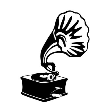 Retro müzik makinesi gramofonunun silüeti vinil kayıt ve bakır korna, eski teknoloji, antika nesne, vektör illüstrasyonları el çizimi tarzında beyaz arkaplanda izole edilmiş.