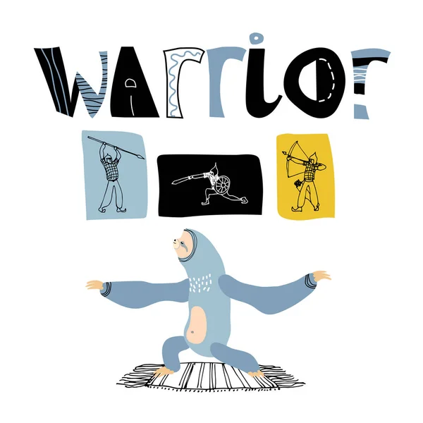 可爱有趣的蓝色懒虫以战士的姿态在家里的垫子上练习瑜伽 战士的图标 在白色背景上孤立的彩色矢量图解涂鸦 丑闻和手绘风格 — 图库矢量图片