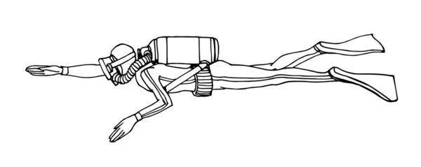 マスク 酸素タンク フリッパー付きダイビングスーツの浮動ダイバー 破壊者や冒険者 手描きスタイルで白い背景に隔離された黒いインクの輪郭線とベクトルイラスト — ストックベクタ