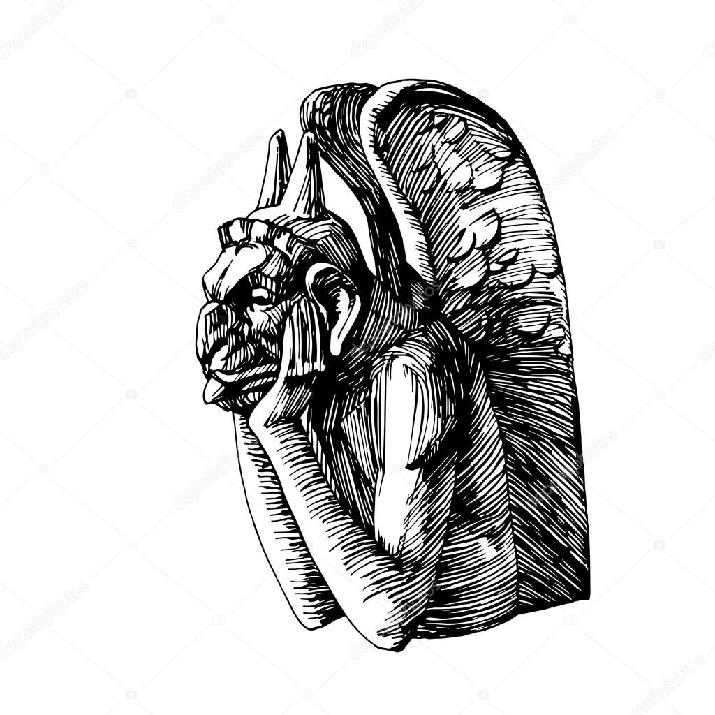 Stone gargoyle, decorative Gothic element of the architecture of Notre Dame Cathedral in Paris, fantasy monster, vector illustration with black ink lines isolated on a white background in hand drawn style