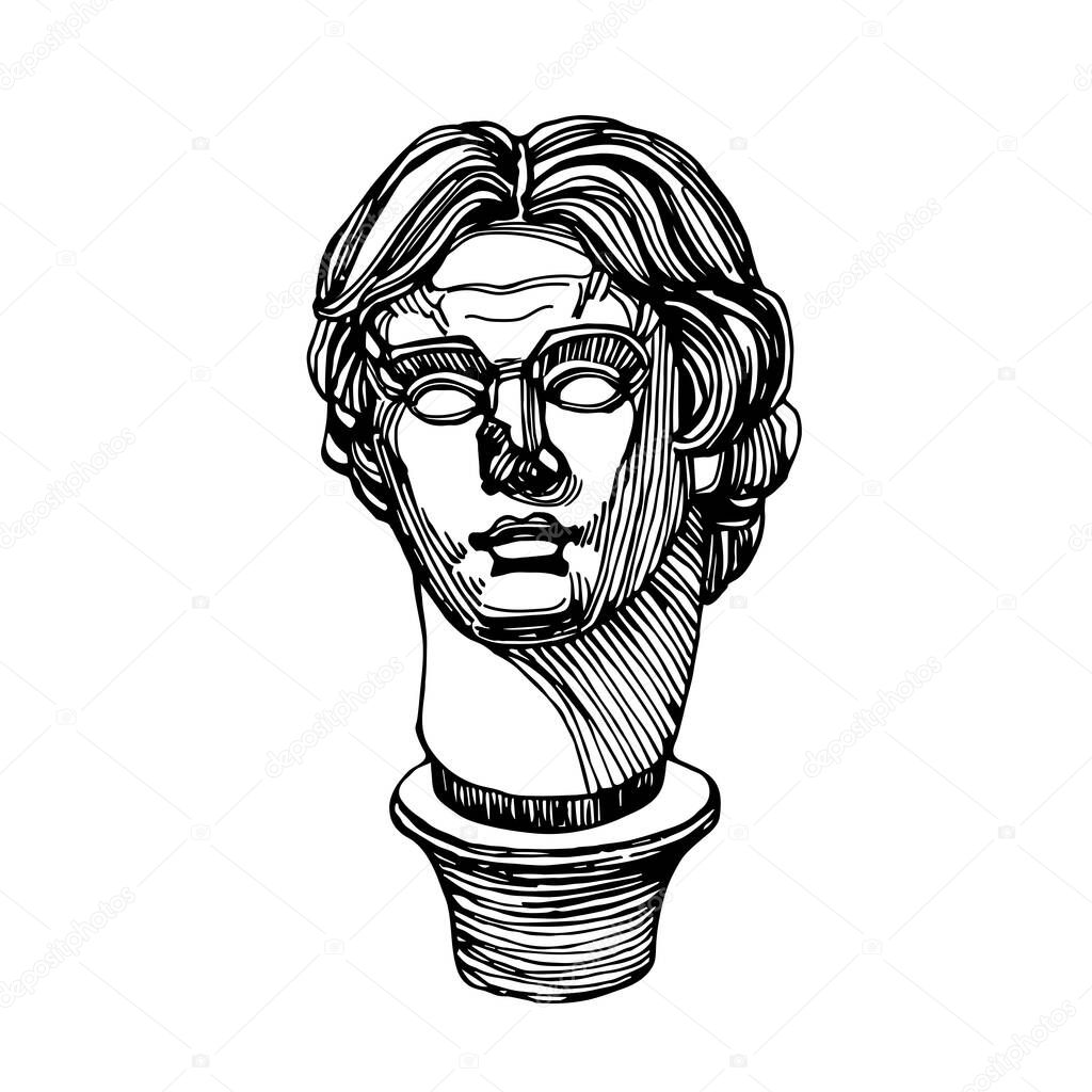 head of Alexander the great, king of Macedonia, Persia and Egypt, ancient Greek sculpture by Lysippus, vector illustration with black lines isolated on a white background in a hand drawn style