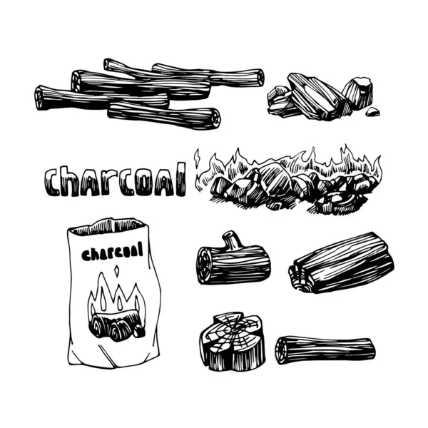 Jeu Charbon Charbon Bois Bois Chauffage Pour Cheminée Barbecue Logo — Image vectorielle