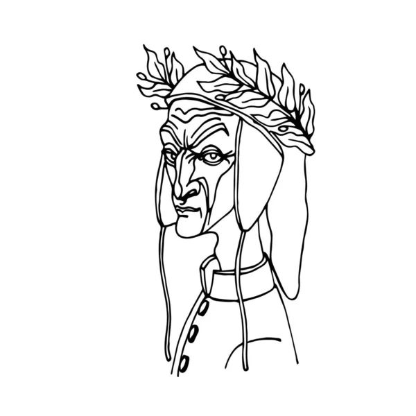 中世のキャップ 月桂樹の花輪で有名なイタリアの詩人ダンテ アリギエーリの頭 カリカチュア 手描きのスタイルで白い背景に隔離された黒いインクの輪郭線とベクトルイラスト — ストックベクタ