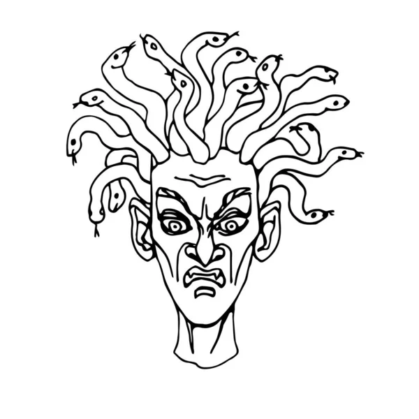 ギリシャ神話のキャラクター 黒いインクの輪郭線を持つベクトルイラストを持つMedusa Gorgonの邪悪な切断された頭は 手描きスタイルで白い背景に隔離されました — ストックベクタ
