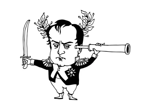 komik ünlü Fransız General & monarch Napoleon Bonaparte bir kılıç ve teleskop ile, karikatür, vektör çizimleri ile siyah mürekkep çizgileri ile karalama ve el çizimi tarzında beyaz bir arkaplanda izole