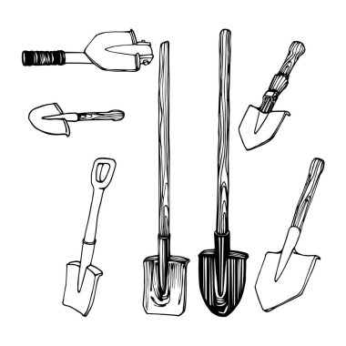 Süngü küreği, turist aracı, istihkamcı ve izci aracı, logo veya amblem için, siyah çizgili vektör çizgileri el çizimi ve karalama tarzında beyaz bir arka planda izole edilmiş.