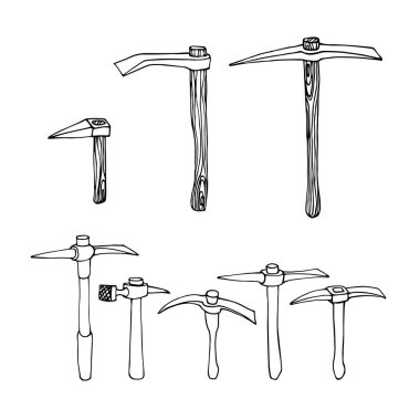 Ahşap saplı basit demir kazma seti, logo veya amblem için madencilik aracı, siyah mürekkep kontur çizgileri içeren vektör çizimi el çizimi ve karalama tarzında beyaz bir arkaplanda izole edilmiş