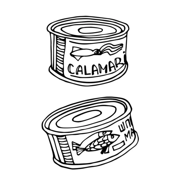 Pescado Enlatado Calamar Deliciosos Mariscos Para Icono Logotipo Emblema Ilustración — Archivo Imágenes Vectoriales