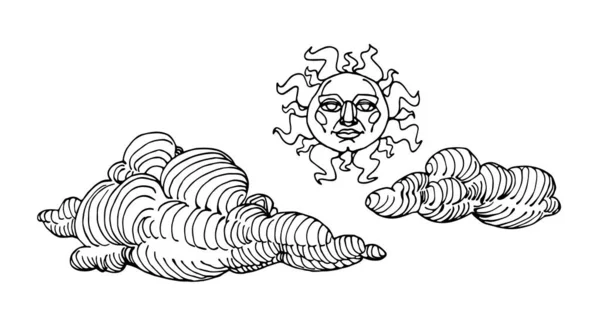 Ludowe Tradycyjne Słońce Ludzką Twarzą Chmurami Graficznymi Ilustracja Wektorowa Czarnymi — Wektor stockowy