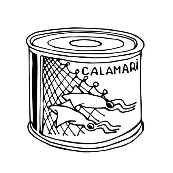 Κονσέρβες Καλαμάρια Νόστιμα Θαλασσινά Για Εικονίδιο Λογότυπο Έμβλημα Διανυσματική Απεικόνιση — Διανυσματικό Αρχείο