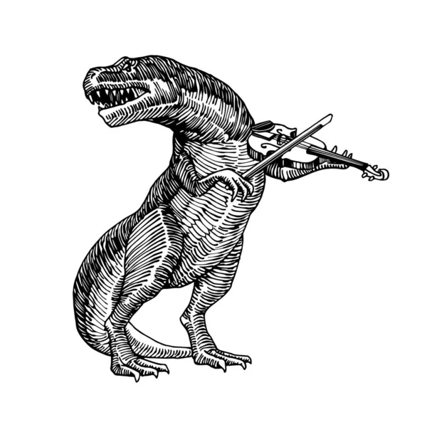 Bir jurasik sürüngen, klasik keman çalan bir dinozor, bir şarkı söyleyen bir tyrannosaurus, bir yırtıcı, el çizilmiş bir tarzda beyaz arka planda izole edilmiş siyah mürekkep çizgileri olan vektör çizimi