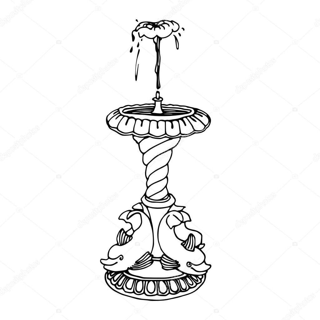 marble decorative garden sculpture, vintage classic fountain with dolphins, for logo or emblem, vector illustration with black lines isolated on a white background in a cartoon & hand drawn style