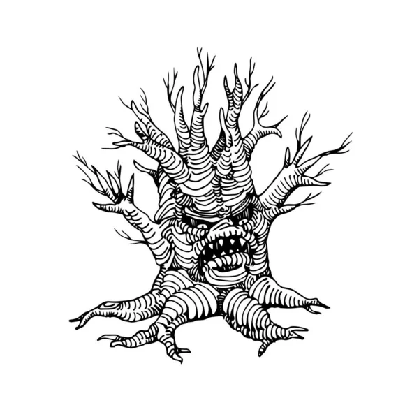 Árvore Morta Seco Assustador Caráter Místico Feriado Halloween Monstro Com —  Vetores de Stock
