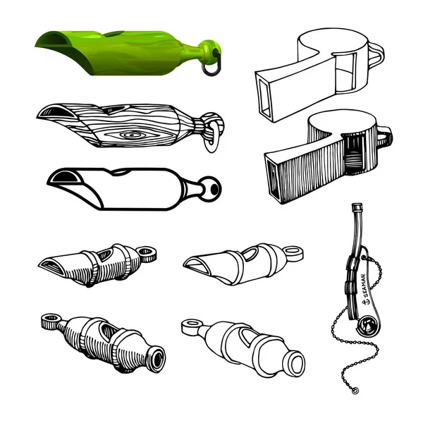 Набір Простих Свисток Тренувань Або Арбітрів Спортивних Ігор Або Військових — стоковий вектор