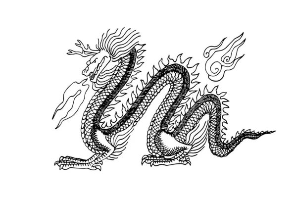 Dragon Cornu Décoratif Chinois Avec Peau Flammes Résille Symbole Bonne — Image vectorielle