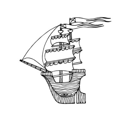 Direk ve yelkenli tahtadan yapılmış ahşap yelkenli, gençlik hayallerinin sembolü & romantik, siyah mürekkep çizgileri olan vektör çizgileri elle çizilmiş beyaz arka planda izole edilmiş