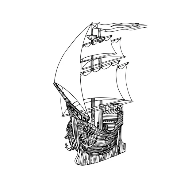 Direkleri, çapaları ve yelkenleri olan tahtadan yapılmış tahta yelkenli, gençlik hayallerinin sembolü & romantik, siyah mürekkep hatlarıyla izole edilmiş vektör çizgileri el çizimi tarzında.