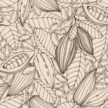 seamless pattern of a set of elements of cocoa tree, seeds, leaves, fruit, for ornament, menu decoration, color vector illustration with Sepia contour lines on a milky background in a hand drawn style clipart