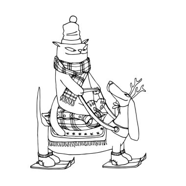 Ekose eşarplı ve Noel Baba şapkalı komik kedi, geyik boynuzlu köpek Dachshund 'una biniyor, noel kartları, posterler, el çizilmiş beyaz bir arka planda siyah mürekkep çizgileri olan vektör çizimleri