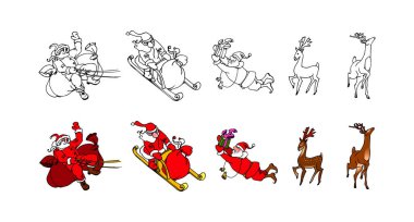 Noel Baba bir kızak üzerinde hediye ve ren geyiği ile, bayram kartları, dekorasyonlar, siyah mürekkep çizgileri ile izole edilmiş renk vektör çizimleri çizgi film & el çizimi tarzında