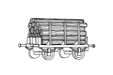 Ahşap & kereste, lojistik, demiryolu kargo taşımacılığı için endüstriyel yük vagonu, karalama ve el çizimi tarzında beyaz bir arkaplanda izole edilmiş siyah çizgili vektör çizgileri çizimi