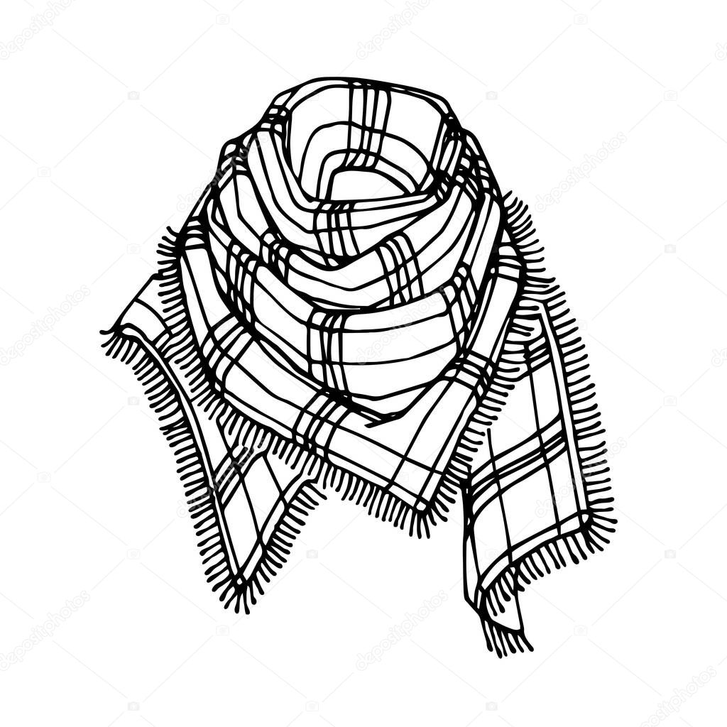 Plaid scarf with fringe, winter & autumn clothing accessory, logo or emblem for knitting, vector illustration with black ink contour lines isolated on a white background in a doodle & hand drawn style