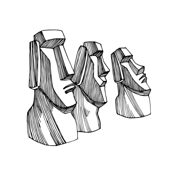 イースター島 モアイ遺跡 エキゾチックな観光のランドマーク 手描きスタイルで白い背景に隔離された黒いインクラインとベクトルイラストの石の彫像のグループ — ストックベクタ