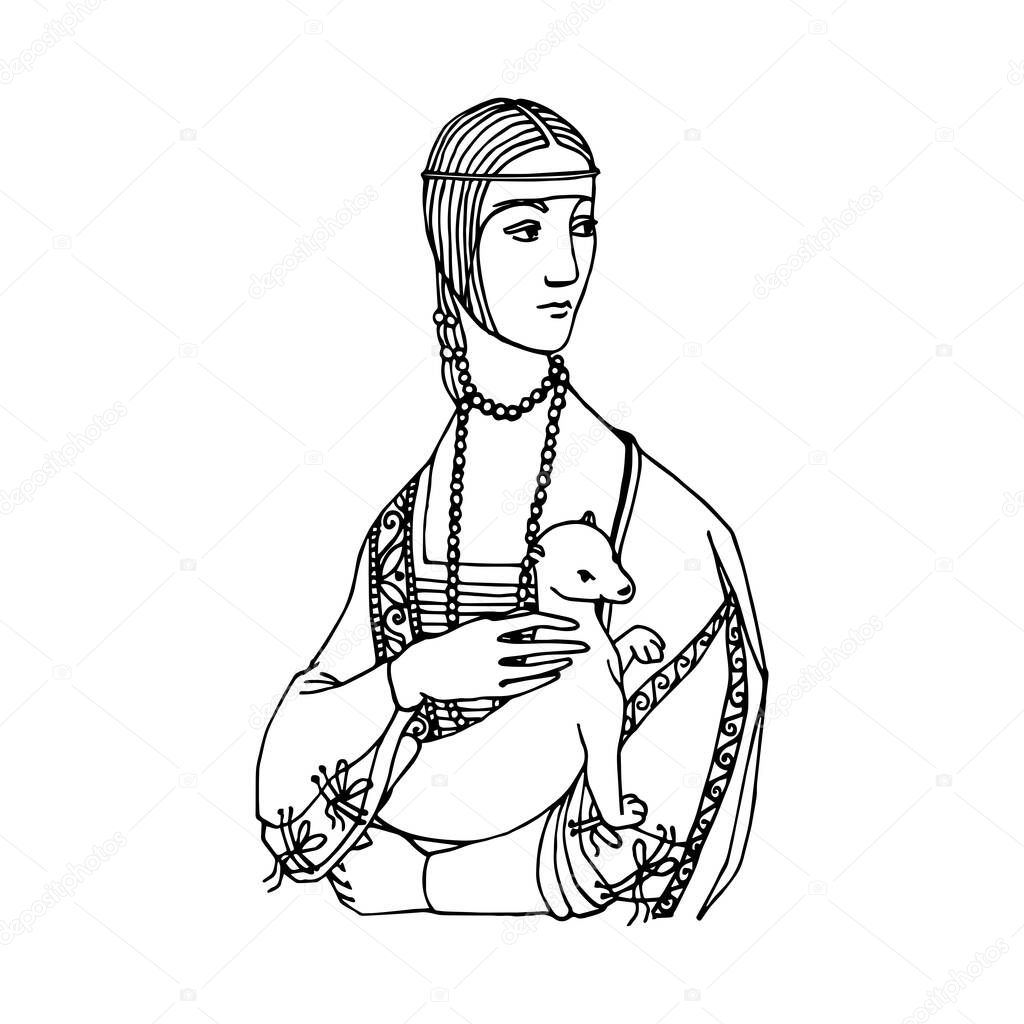 a lady with an ermine in her hands and wearing medieval clothing, vector illustration with black ink contour lines isolated on a white background in a hand drawn style