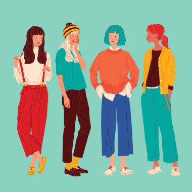 Çeşitli kadınlar arka planda, kadınlar farklı tarz vektör illüstrasyonunda