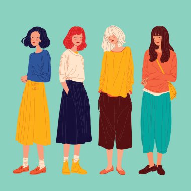 Çeşitli kadınlar arka planda, kadınlar farklı tarz vektör illüstrasyonunda
