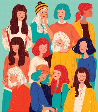 Çeşitli kadınlar arka planda, kadınlar farklı tarz vektör illüstrasyonunda