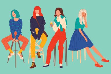 Farklı kadın yüzleri, farklı tarz kadınlar, sandalyede oturan kadınlar.