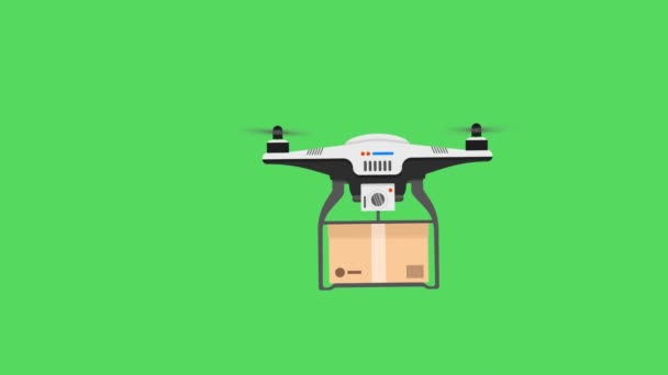 Drohnen-Quadrocopter auf grünem Bildschirm, Lieferdrohne fliegt mit dem Hintergrund auf grünem Bildschirm — Stockvideo