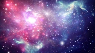 Gökkuşağı renklerinde nebula gecesi yıldızlı gökyüzü. Çok renkli dış uzay. Uzayın derinliklerindeki Starfield ve nebula Dünya 'dan çok uzakta.