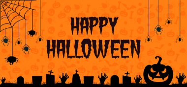 Parti geçmişi için Cadılar Bayramı bayrağınız kutlu olsun. Mutlu Cadılar Bayramı afişleri. Ağaç çimleri hayaleti, Cadılar Bayramı balkabakları, örümcekler ve örümcek ağı.