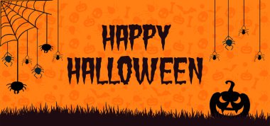 Parti geçmişi için Cadılar Bayramı bayrağınız kutlu olsun. Mutlu Cadılar Bayramı afişleri. Ağaç çimleri hayaleti, Cadılar Bayramı balkabakları, örümcekler ve örümcek ağı.