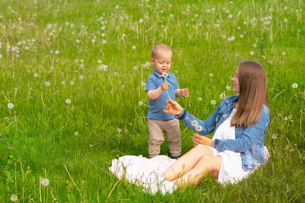 Mamá feliz con su hijo están jugando en el parque en la hierba verde. Pequeño niño y mujer golpe mullido dientes de león . — Foto de Stock