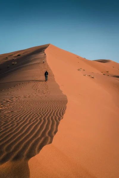 Człowiek Walking Wydmy Sahara Krajobraz Pustyni — Zdjęcie stockowe