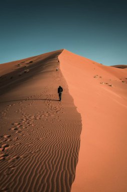 Sahra Çölü 'nü ziyaret eden turistler Merzouga' nın kum tepelerine tırmanıyorlar. Fas 'ta maceralı bir yolculuk.
