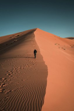 Fas 'ın Sahra Çölü' ndeki en yüksek kum tepesine tırmanan adam, Merzouga Turizmi