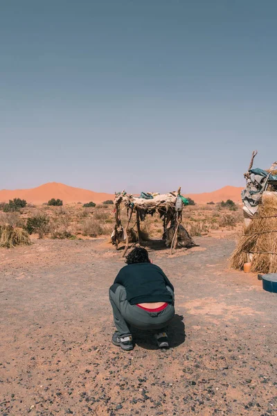 Man Fotograferar Ett Tältläger Saharaöknen Nomadstam — Stockfoto