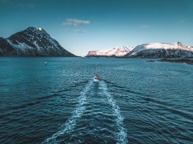 Yukarıdan balıkçı teknesi, Norveç, Lofoten Adaları 'nda Atlantik Okyanusu' na yelken açıyor.