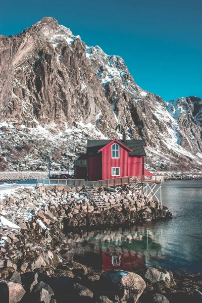 Rode Huis Noorwegen Lofoten Eilanden — Stockfoto