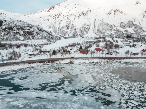 Aerial View Drone Beutiful Mountain Road Lofoten Islands Norway Sea — Stock Photo, Image