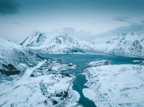 Arctic landscape, drone aerial view, Lofoten Islands, Norway